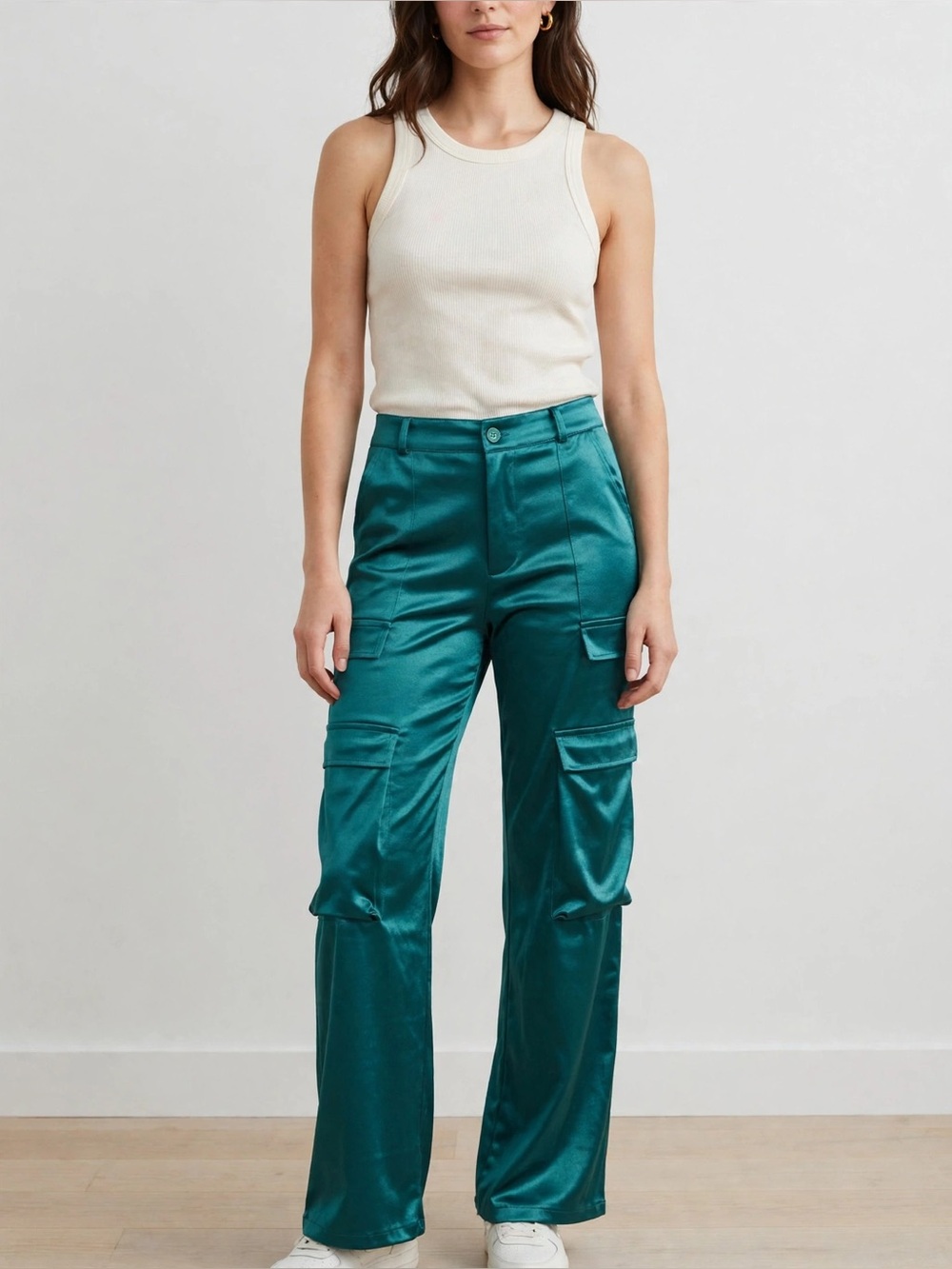 Satin Cargo Wide-Leg Pants - Teal